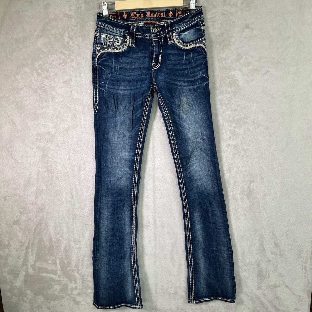 Rock Revival Ferry Bootcut Jeans Womens 26 Blue Mid Rise Embroidered Logo Casual - Picture 2 of 13